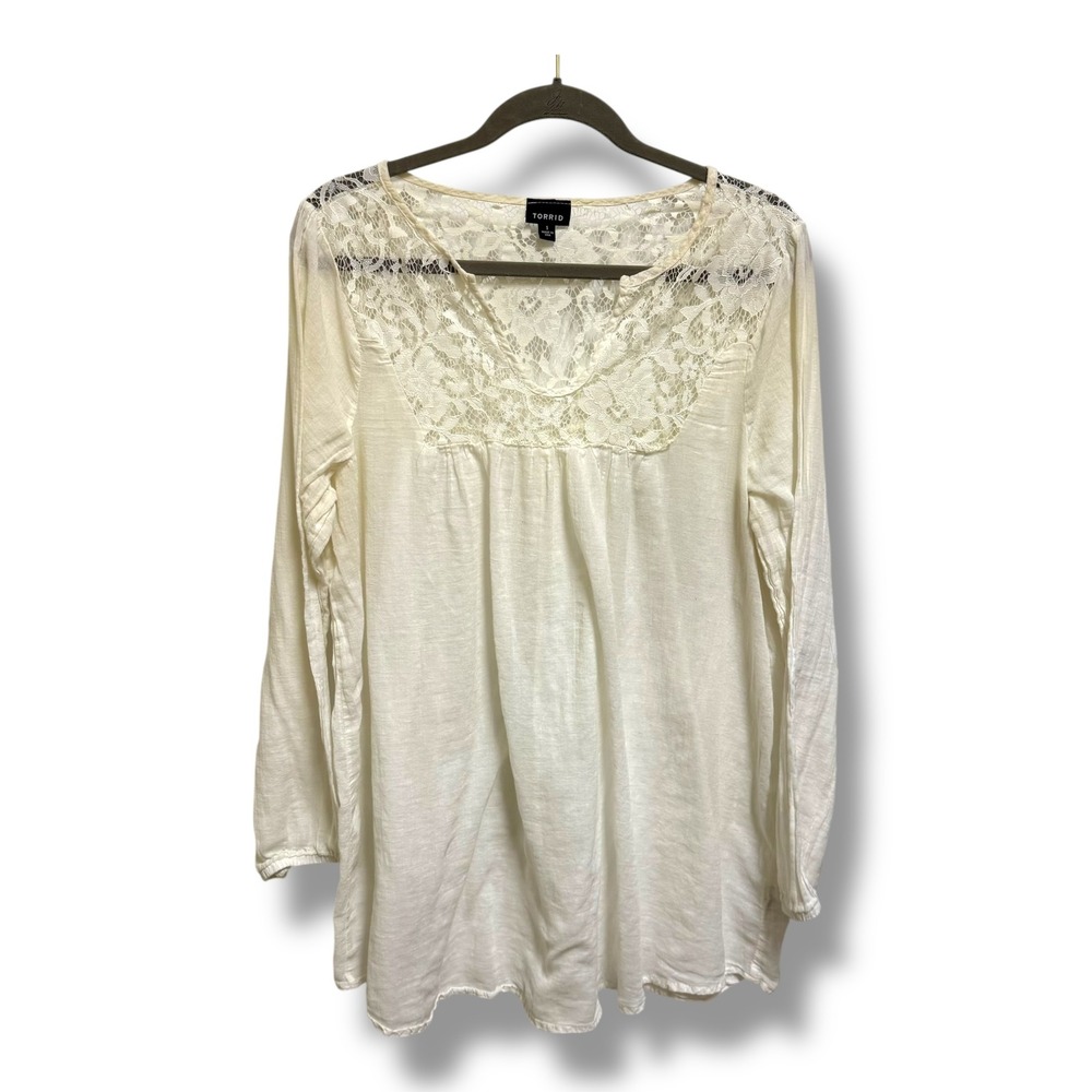 Torrid Womens Ivory Lace Yoke‎ Boho Gauze Blouse Long Sleeve Split Neck Top 1 1X - Picture 2 of 6